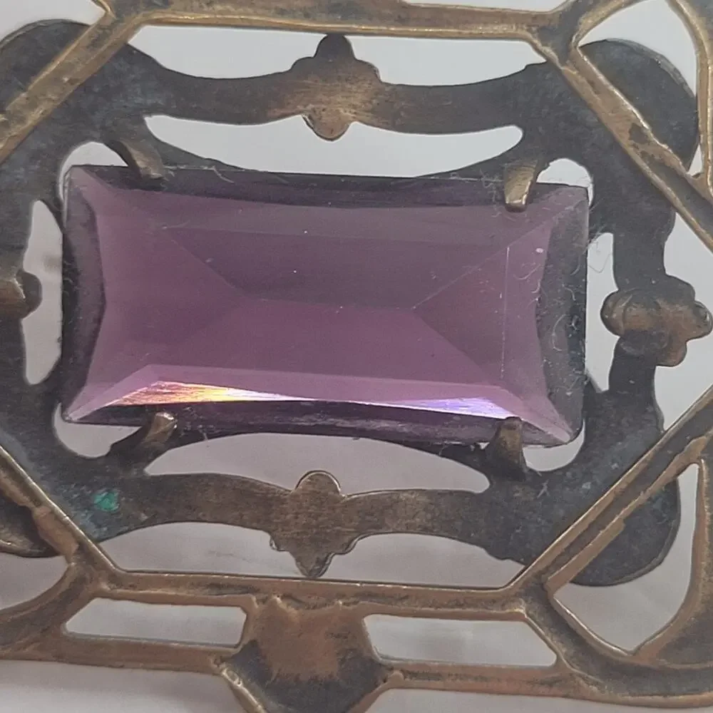 Antique Art Nouveau Brass Amethyst Glass Sash Brooch Victorian Romantic Jewelry